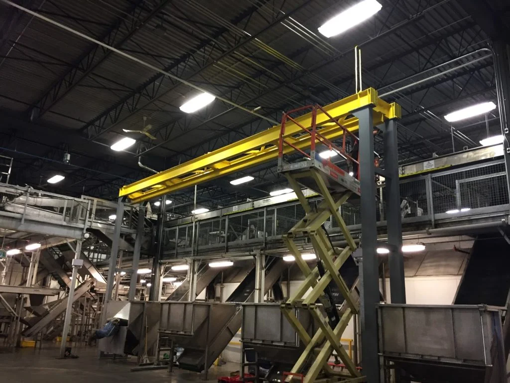 Free-standing monorail installation in a food processing facility