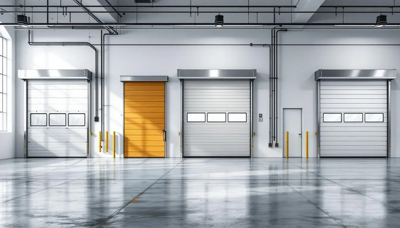 Different types of insulated roll up doors displayed in a showroom.