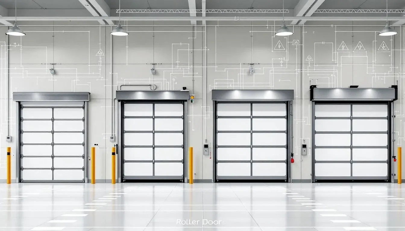 Different popular roll up door models displayed in a showroom.