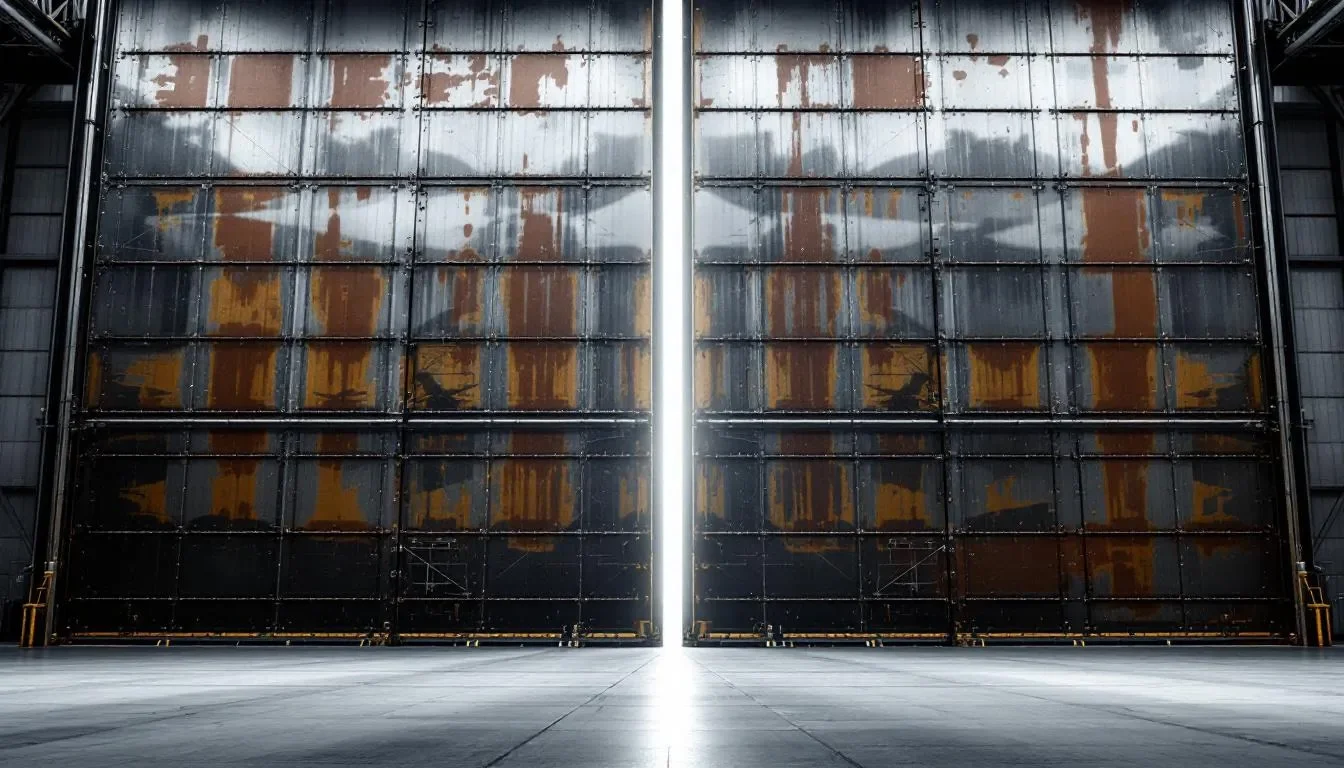The image features large, robust aircraft hangar doors designed for smooth operation and security, showcasing a sliding mechanism that allows easy access for valuable aircraft and helicopters. These doors are engineered for durability and protection against high winds, reflecting the highest standards in aviation facility design.