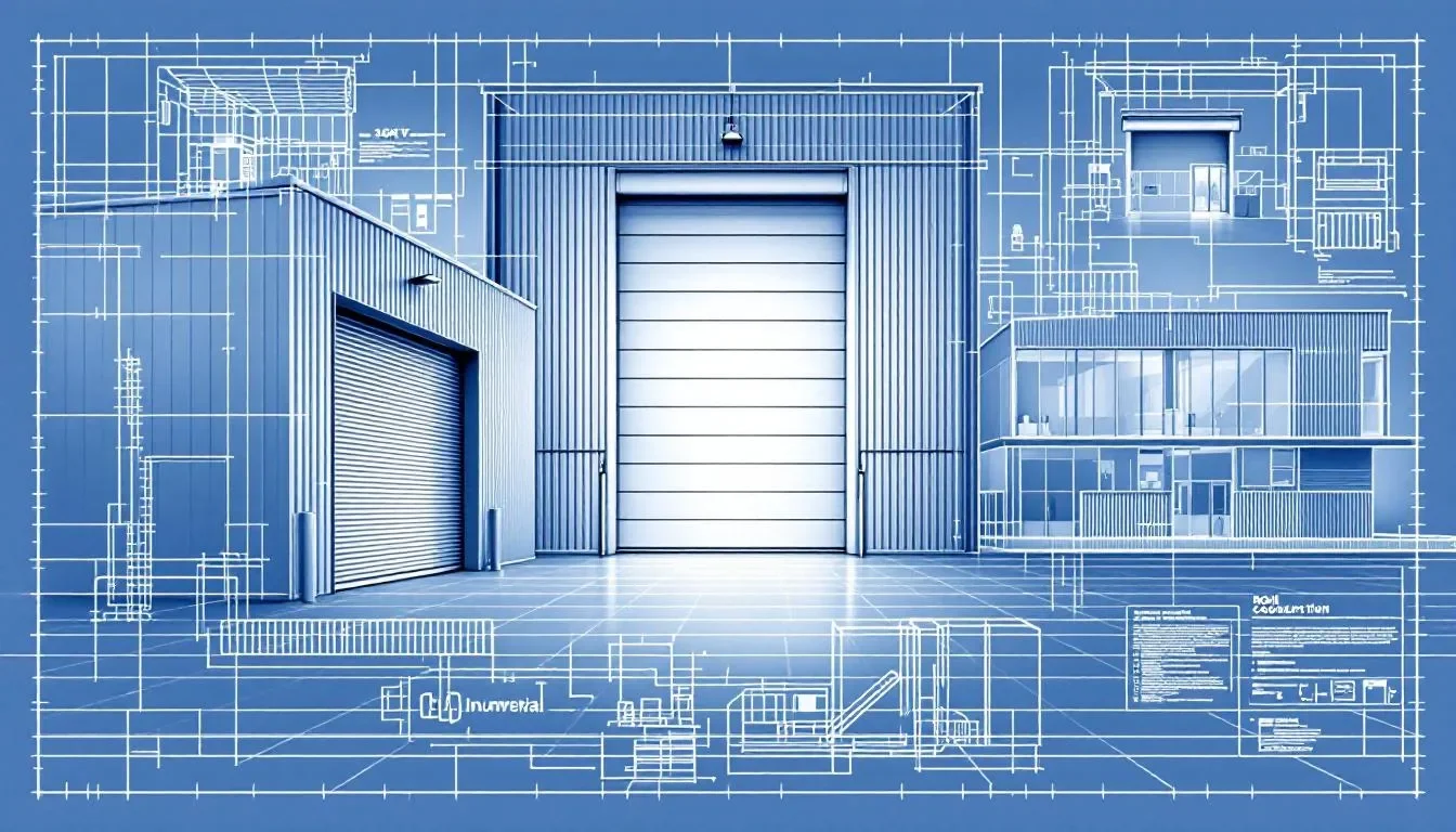A collage of industries that utilize roll up doors, including a mini warehouse and a garage.
