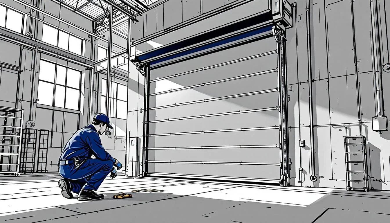 A technician performing maintenance on a roll up door.