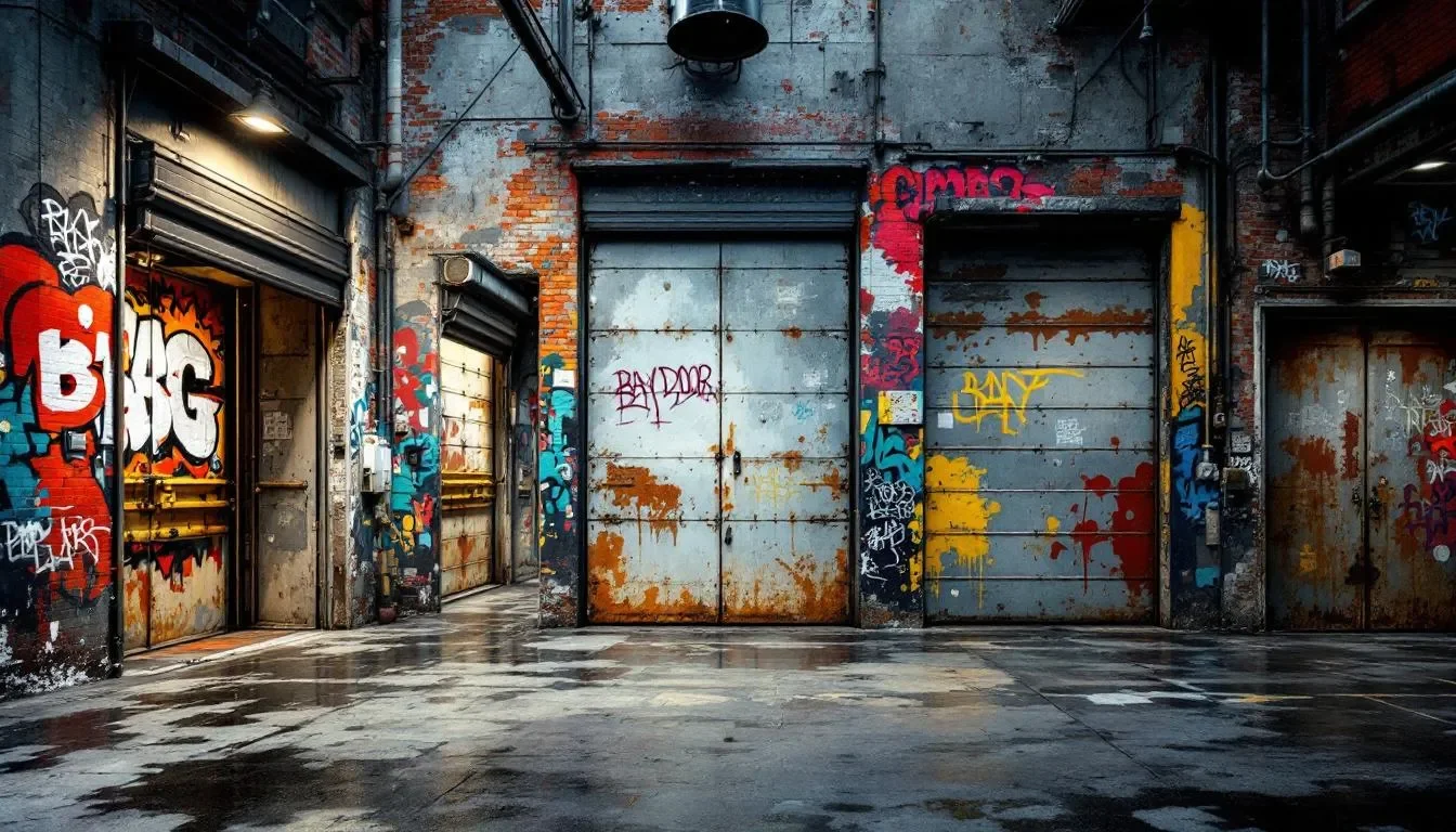 Various types of bay doors displayed in a showroom.