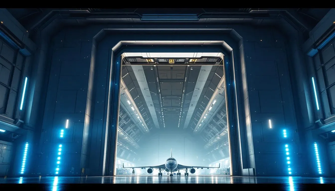 A hydraulic hangar door demonstrating its operation.