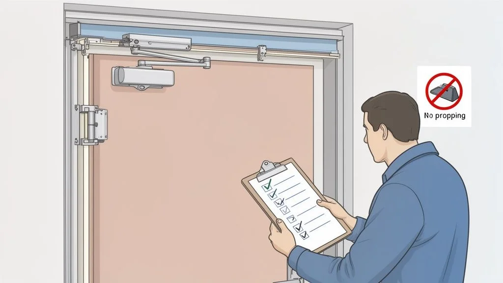 A man inspects a fire-rated door with a checklist, showing its closer mechanism and a 'no propping' sign.