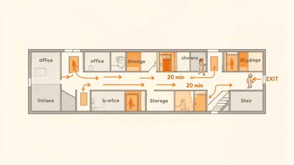 A floor plan illustrating an evacuation path through offices and storage rooms towards an exit, with 20-minute intervals.