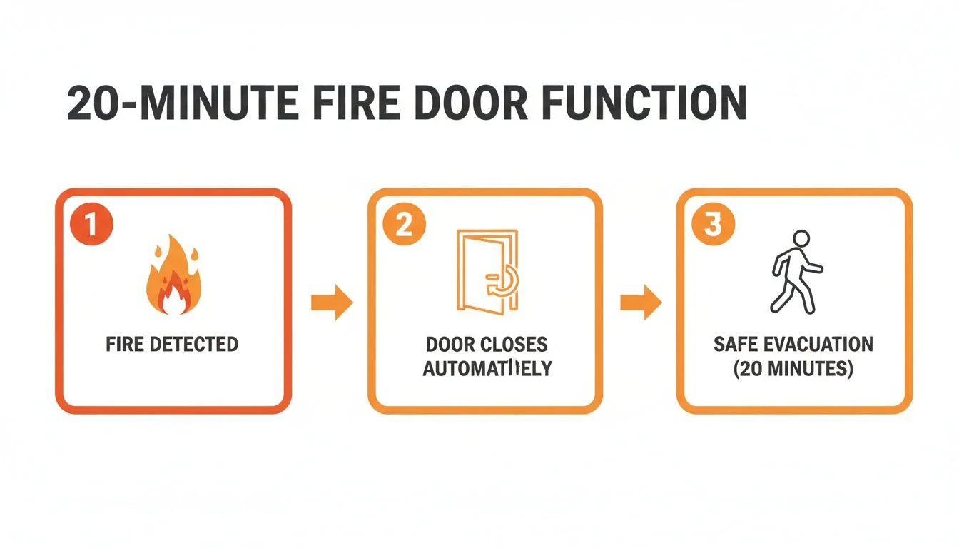 Infographic showing a 20-minute fire door function: fire detected, door closes automatically, allowing safe 20-minute evacuation.