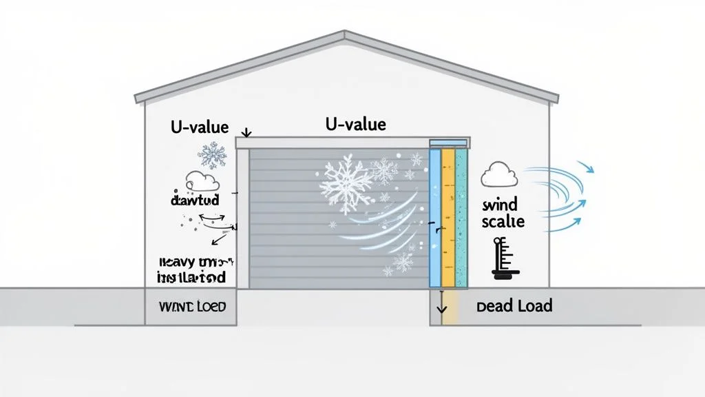 Diagram illustrating factors affecting an aircraft hangar or garage door's thermal performance in cold, windy conditions.
