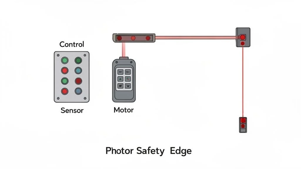 Diagram of a 'Photor Safety Edge' system showing a control panel, motor, and red light sensors.