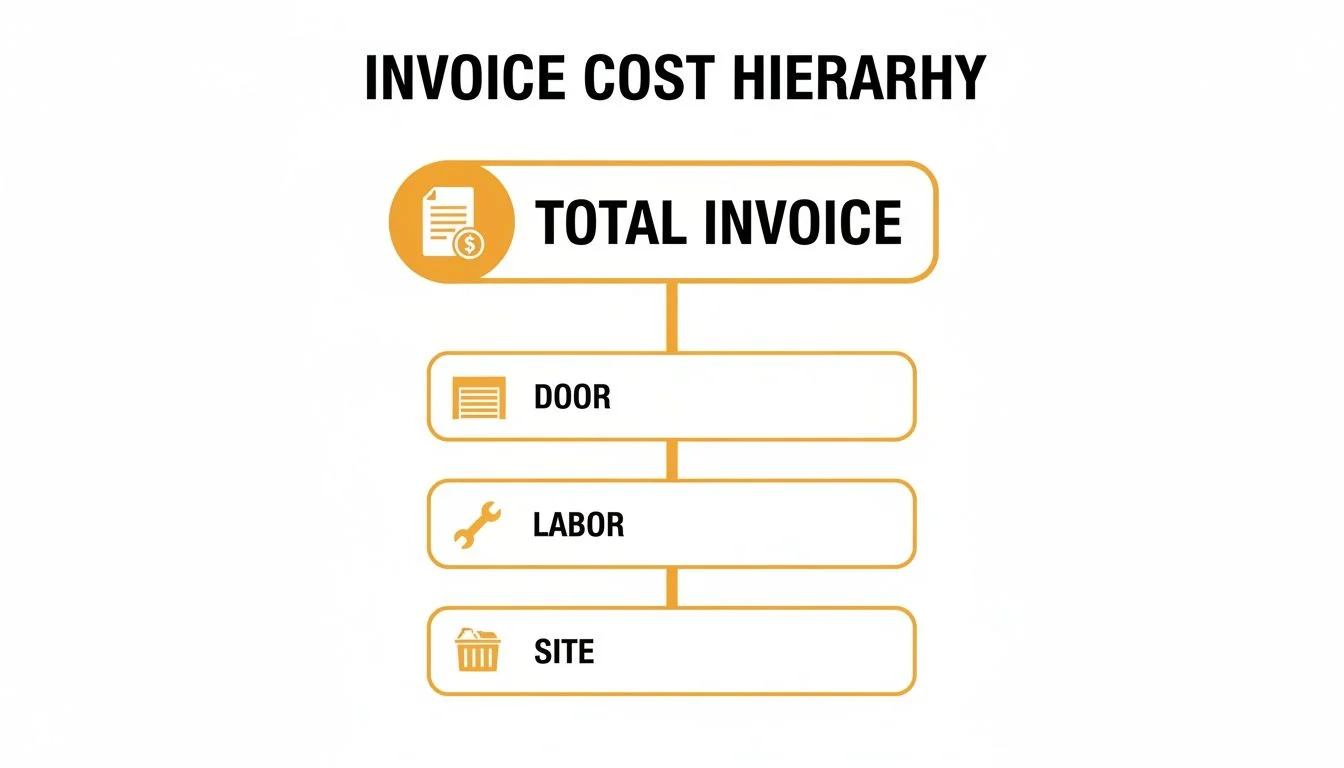 An invoice cost hierarchy diagram illustrating the breakdown of total invoice into door, labor, and site costs.