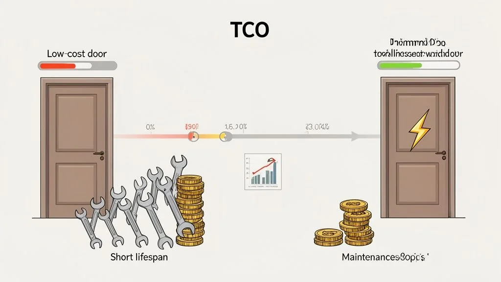 Infographic comparing total cost of ownership (TCO) of a low-cost door versus a durable, efficient door.