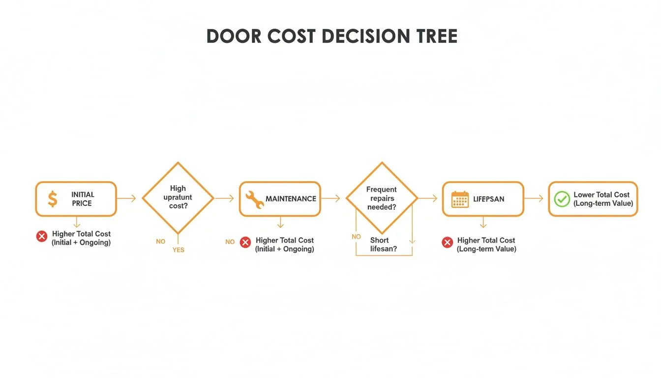 Decision tree showing door cost factors like initial price, maintenance, and lifespan for long-term value.