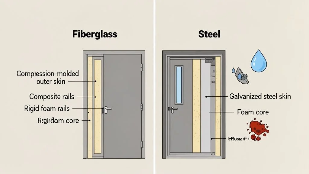 Cross-section comparison of fiberglass and steel doors, detailing internal construction, skins, rails, and cores.