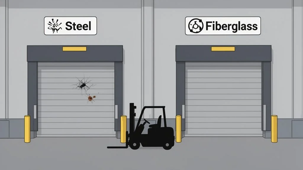 Forklift in front of damaged steel door and undamaged fiberglass door, comparing durability.