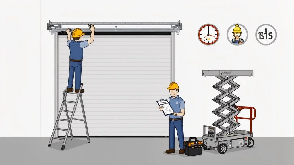 Two technicians installing or repairing a garage door. One on a ladder, another with a clipboard.