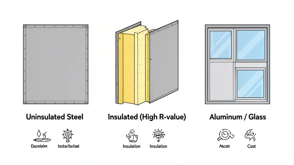 Three types of garage door materials: uninsulated steel, high R-value insulated, and aluminum glass.