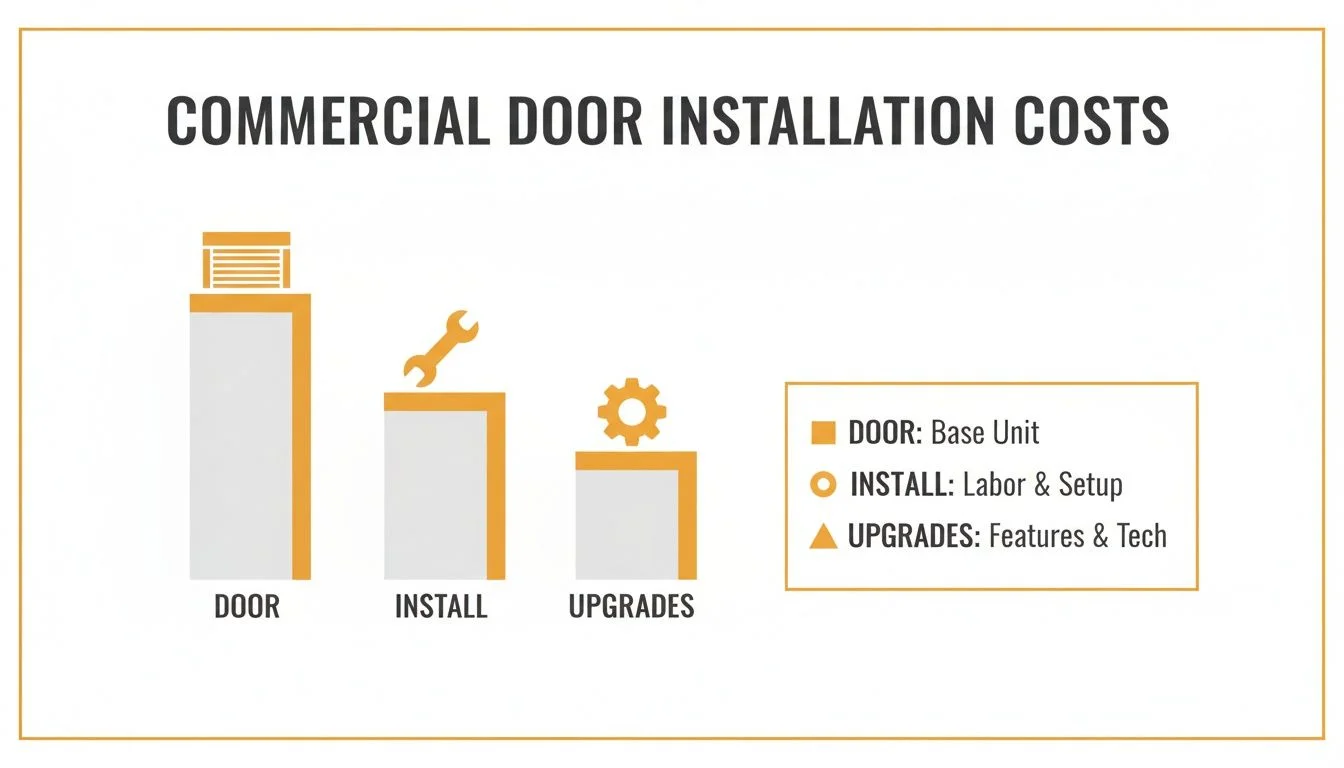 Infographic showing commercial door installation costs, including door base unit, labor, and upgrades.