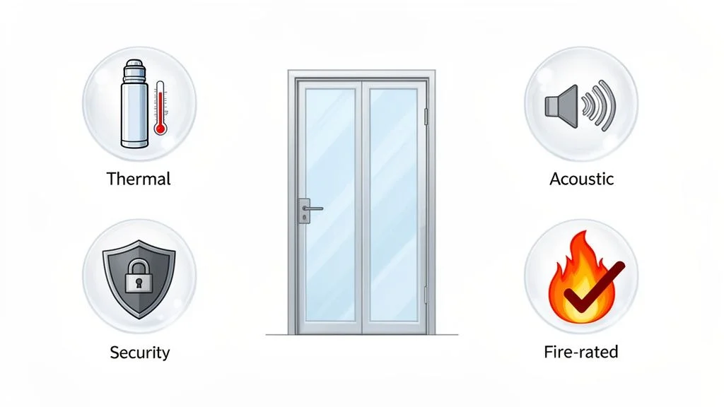 Illustration of a double glass door highlighting its thermal, acoustic, security, and fire-rated features.