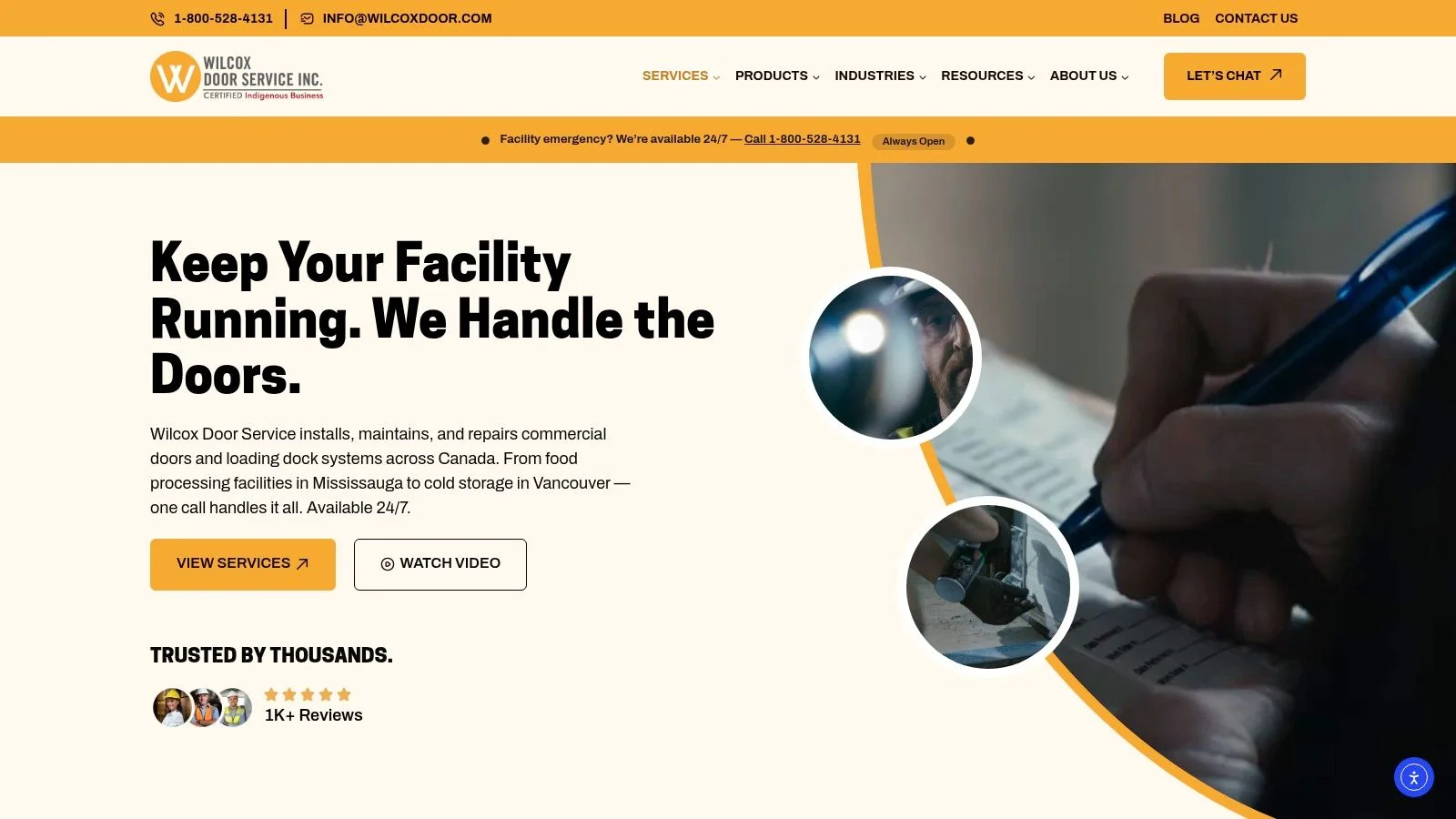 An industrial warehouse with a large commercial door, showcasing the type of facilities Wilcox Door Service Inc. serves.