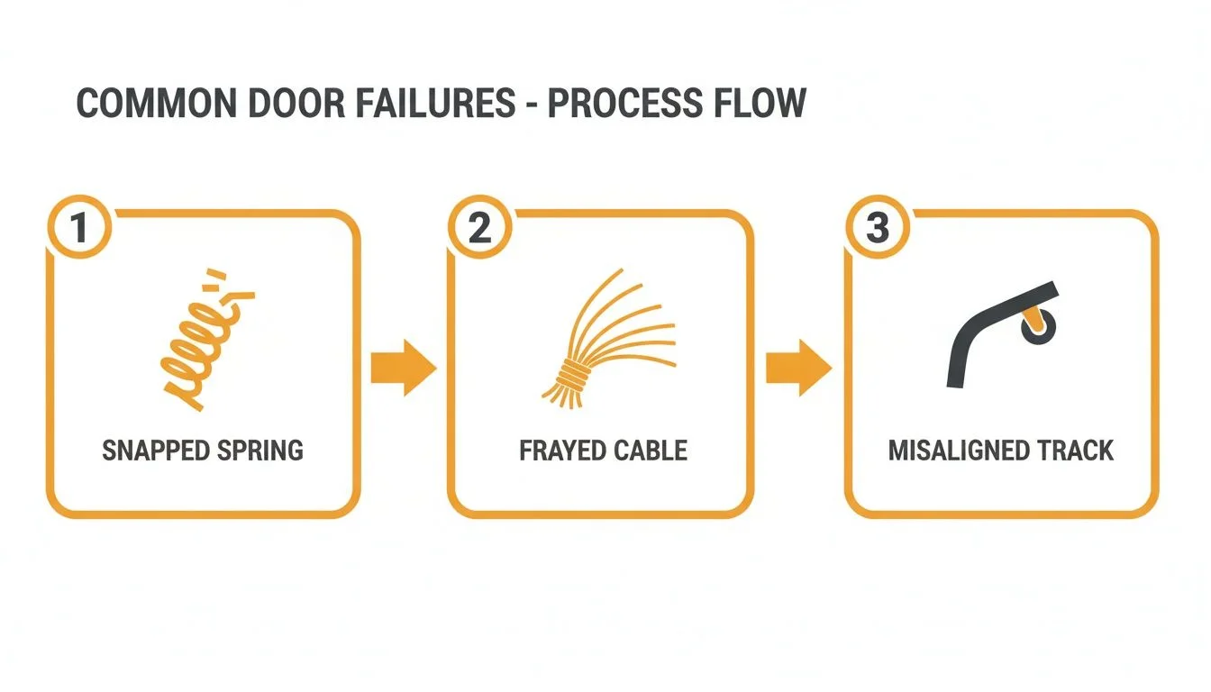 Flowchart illustrating common door failures in garage doors: snapped spring, frayed cable, and misaligned track.