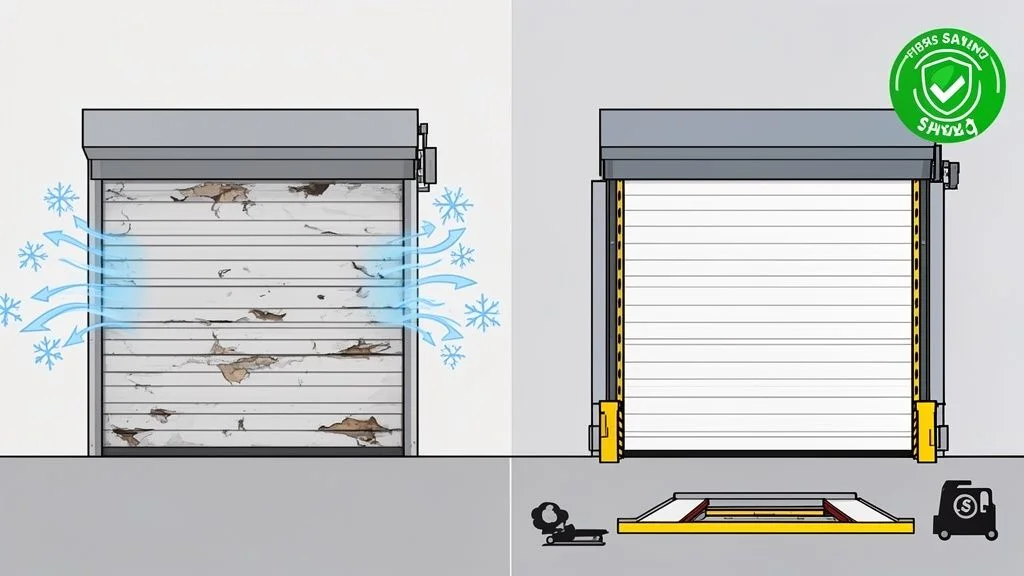 Comparison of damaged, leaking garage door with cold air versus new, insulated, energy-efficient door.
