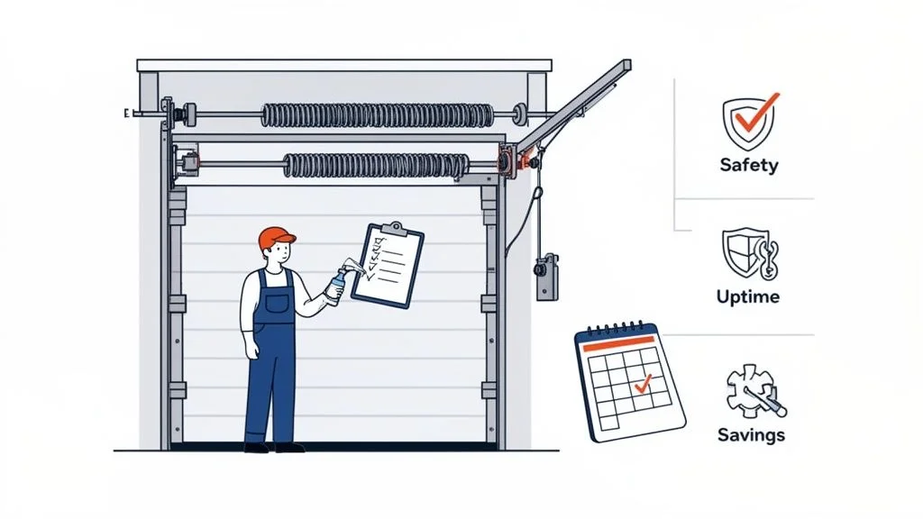 A technician inspects a garage door, with icons illustrating safety, uptime, and savings from maintenance.