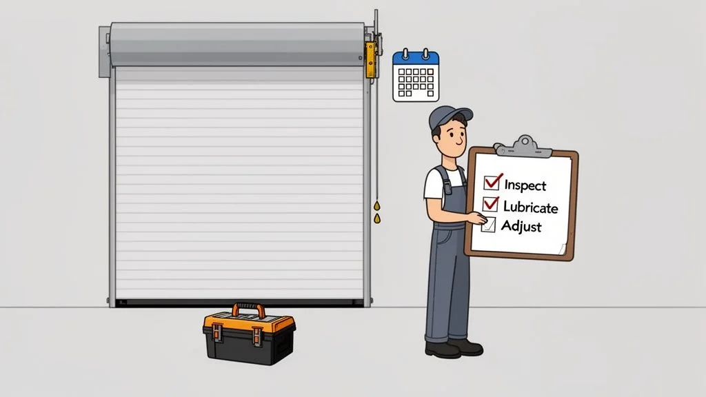 Cartoon technician with a clipboard checking off 'Inspect' and 'Lubricate' for an overhead door.