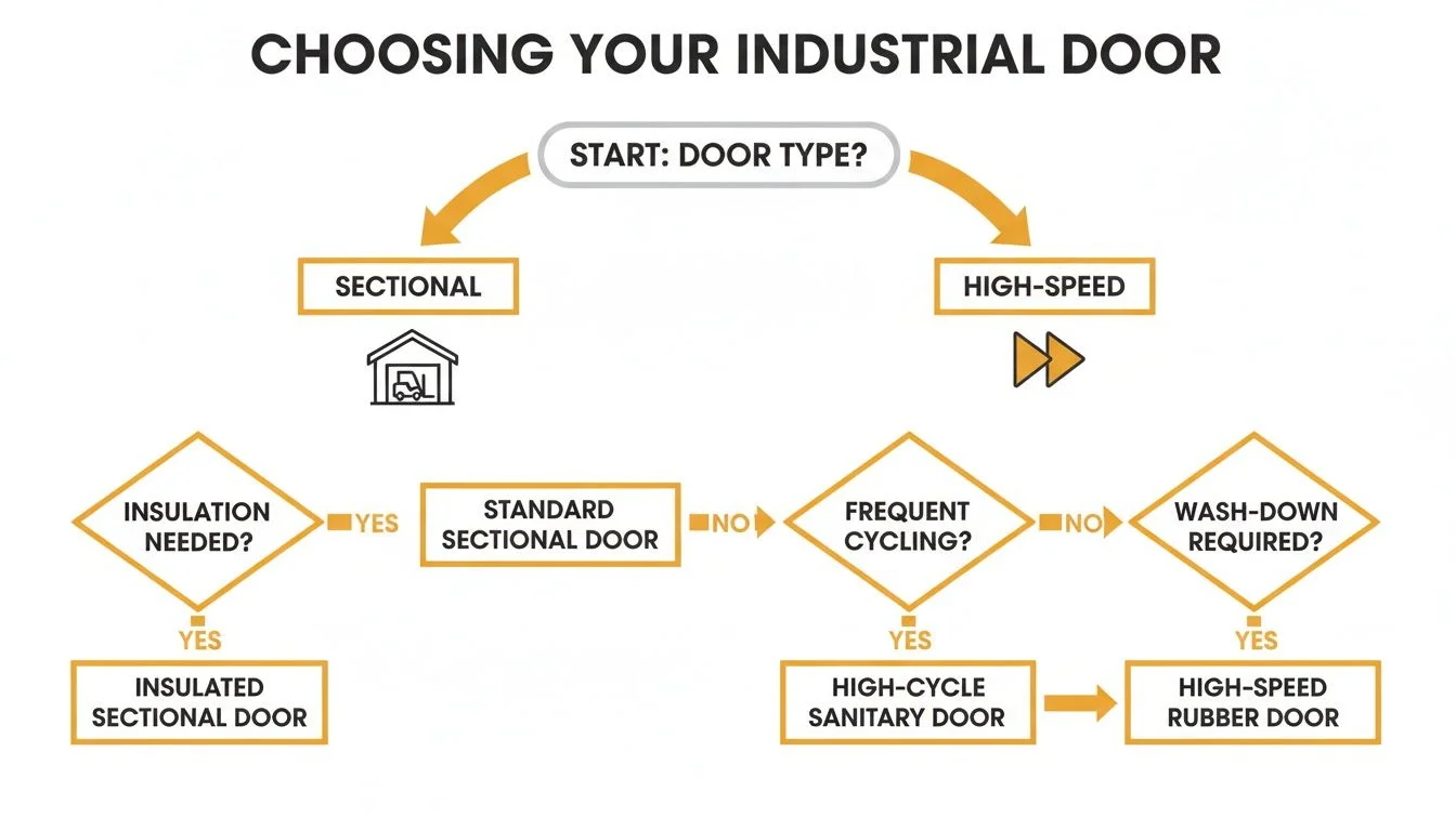 Flowchart illustrating the selection process for industrial doors based on type and specific requirements.