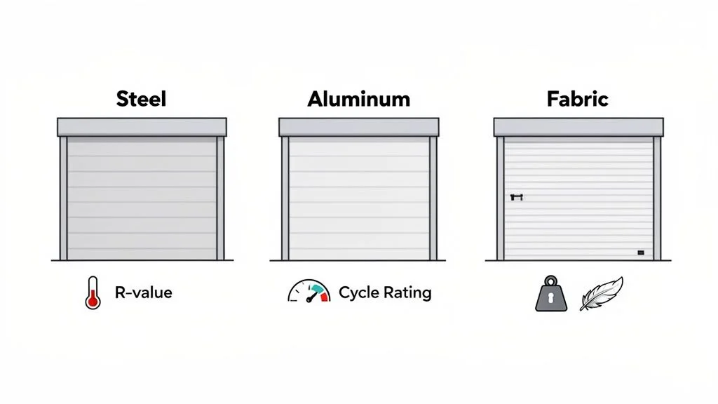 Illustrates three types of commercial overhead doors: Steel, Aluminum, and Fabric, highlighting their key characteristics like R-value, cycle rating, and weight.