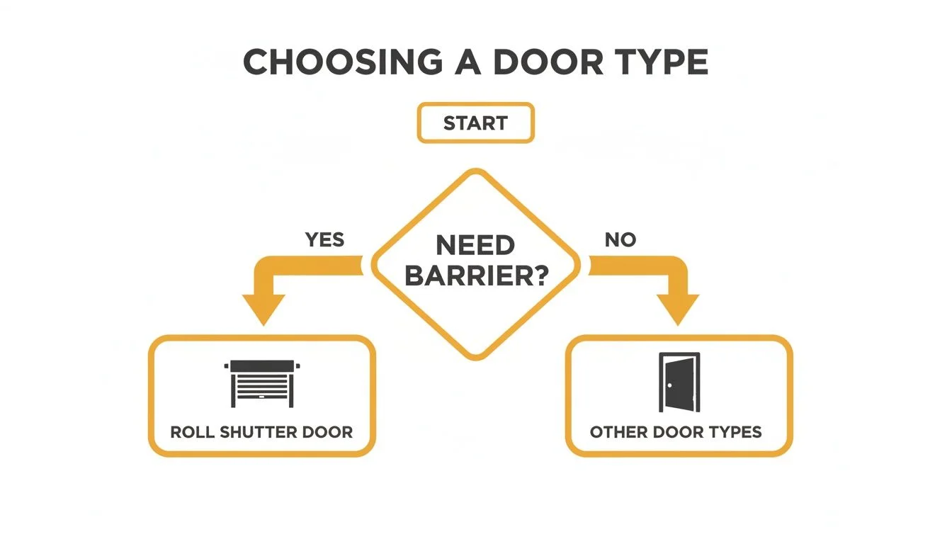 A flowchart guides door selection: roll shutter if barrier needed, otherwise other door types.