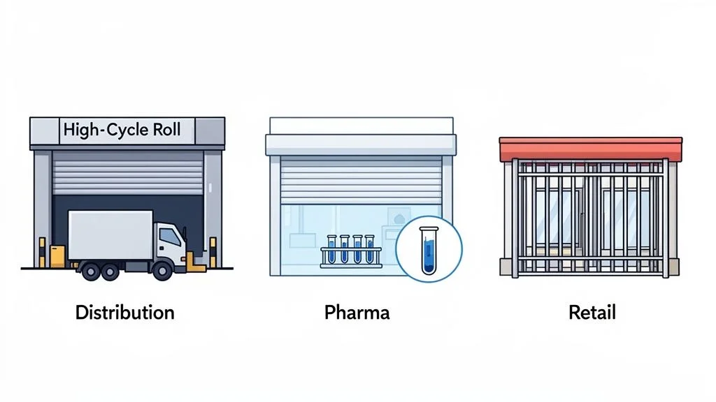 Three illustrations depict roll shutter doors in various industry applications: distribution, pharma, and retail.