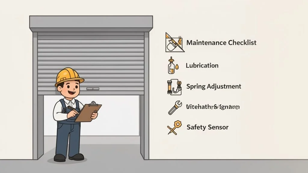 A cartoon worker in a hard hat holds a clipboard, inspecting a partially open roll shutter door with a maintenance checklist.