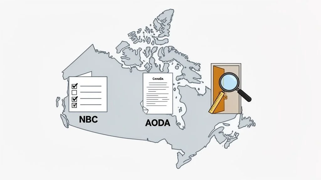 Map of Canada illustrating NBC, AODA regulations, and accessible doorway measurements with a magnifying glass.