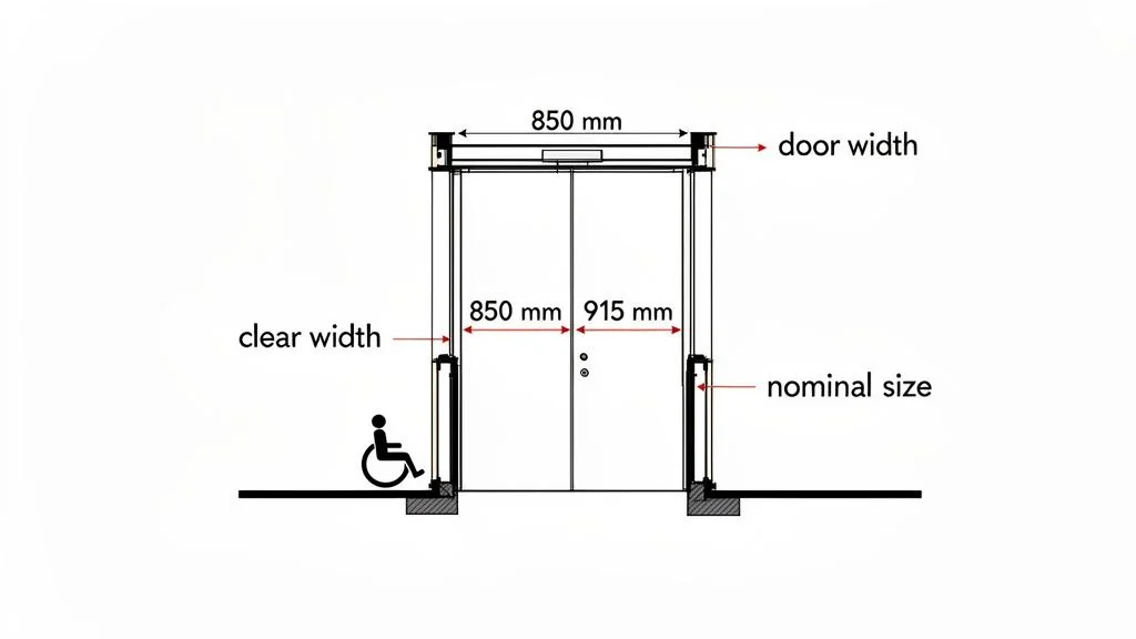 Diagram illustrating door width, clear width, and nominal size for an accessible double doorway, with key measurements.