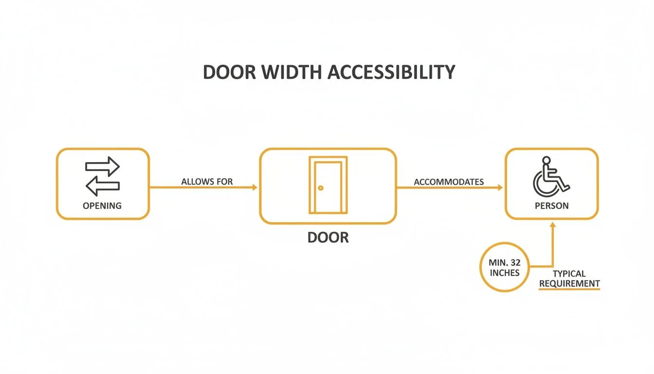 Diagram illustrating door width accessibility, showing a minimum 32-inch door opening accommodates a person using a wheelchair.