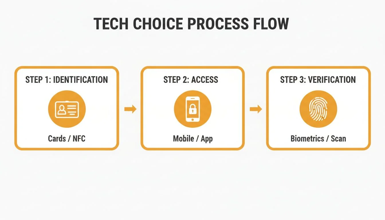 Flowchart illustrating a three-step tech choice process for access: Identification, Access, and Verification.