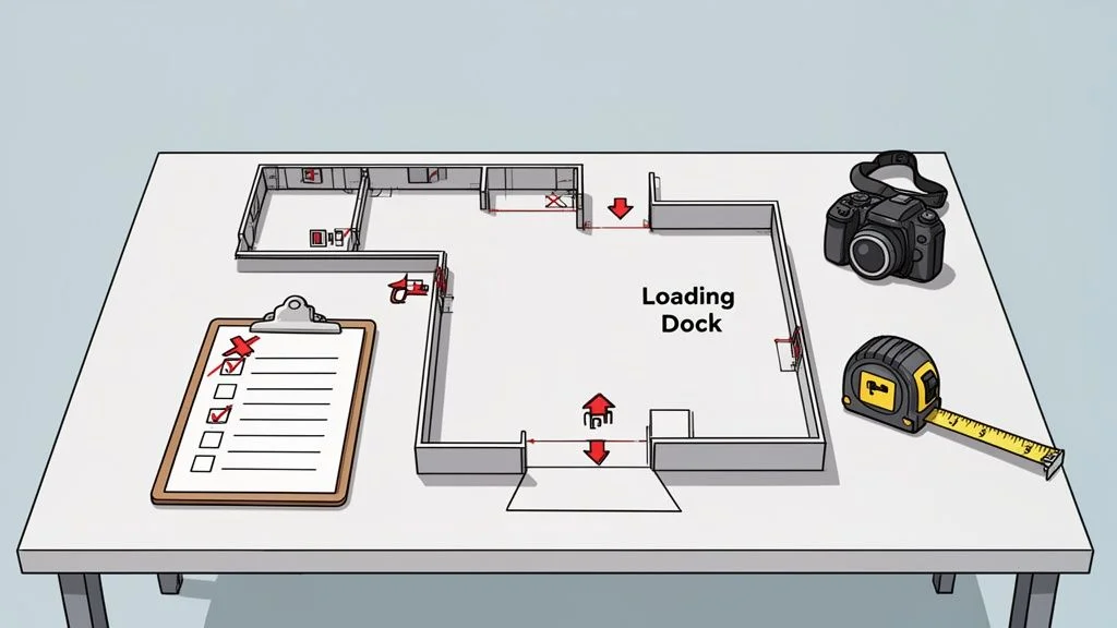 Table with a building floor plan, checklist, camera, and tape measure for facility planning.