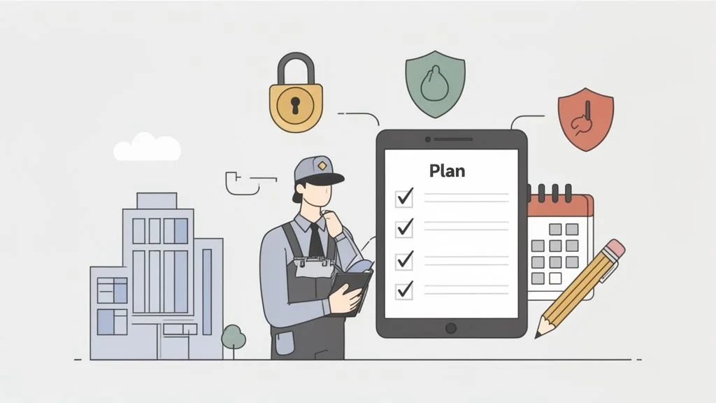 Illustration of a technician reviewing an installation plan on a tablet, surrounded by security symbols and buildings.