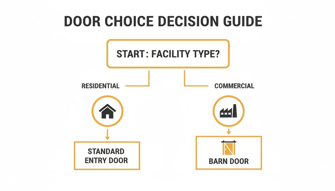 Decision guide for door choice, starting with facility type. Residential leads to standard entry door, commercial to barn door.