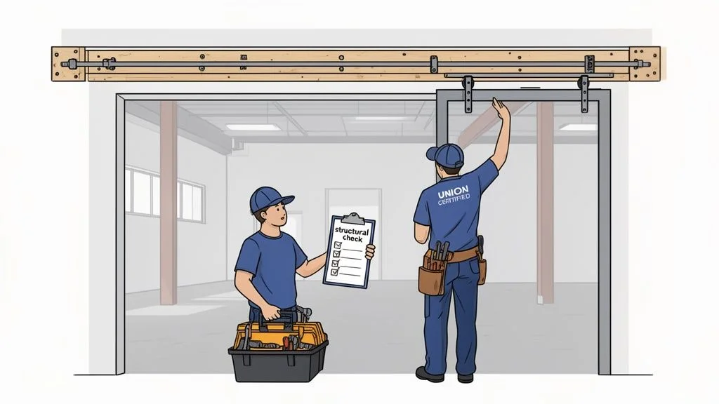 Two construction workers performing a structural check on a newly installed barn-style sliding door.