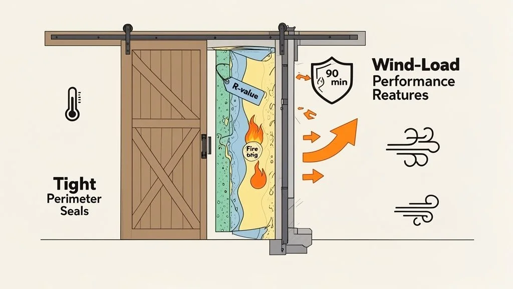 Illustration detailing barn door system's insulation, fire rating, and wind-load performance features.
