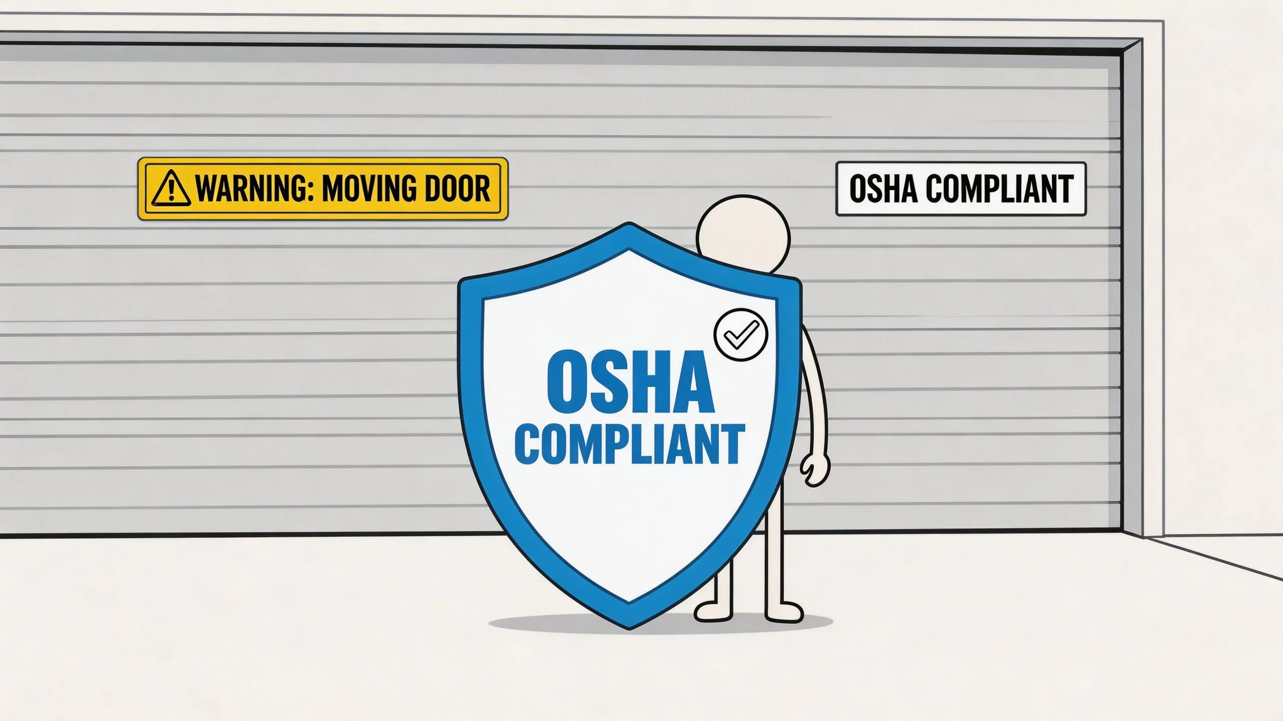 A stick figure holding an OSHA compliant shield in front of a commercial garage door.