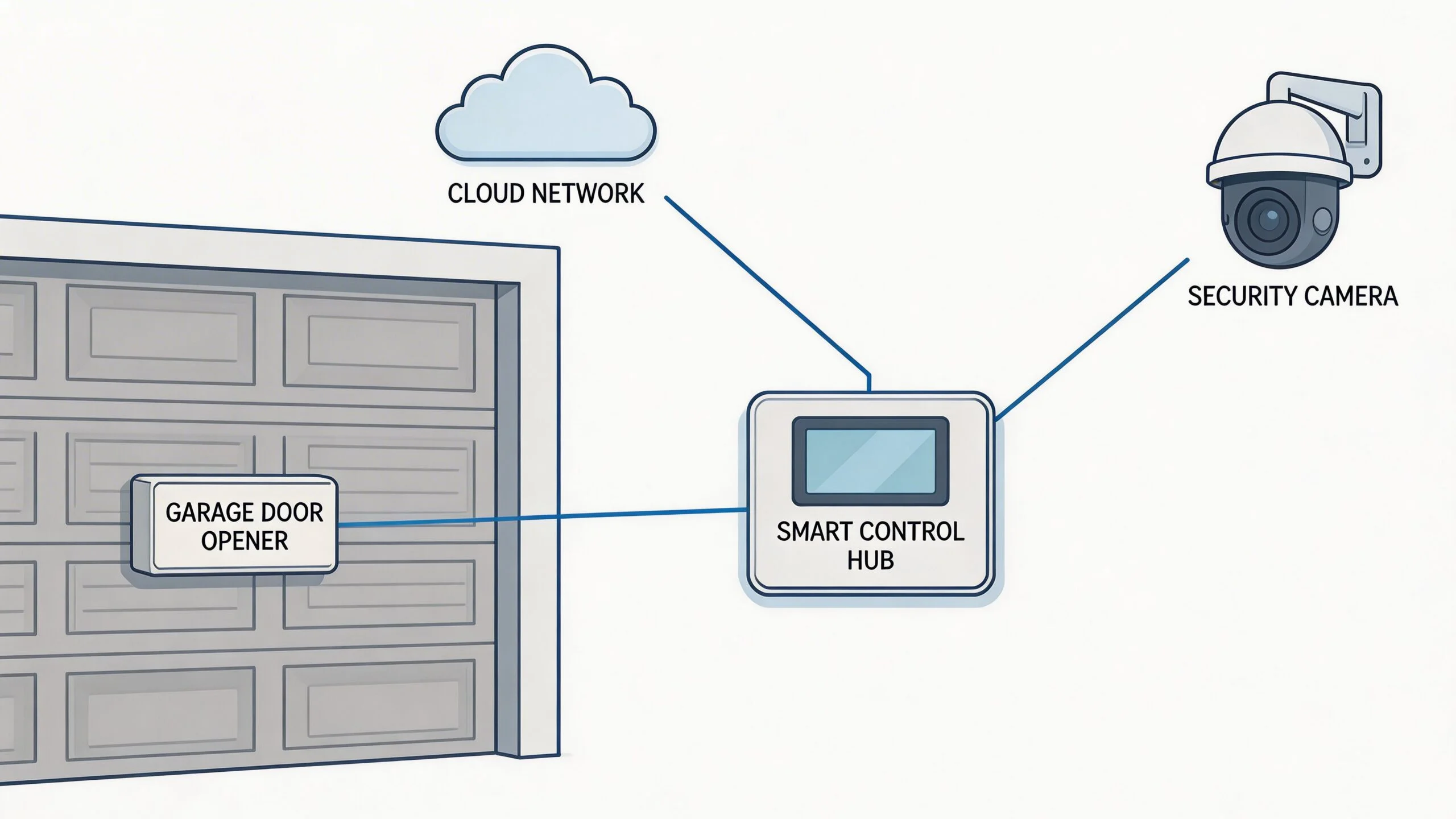 A diagram illustrating a smart home system connecting a garage door opener, security camera, and cloud network.