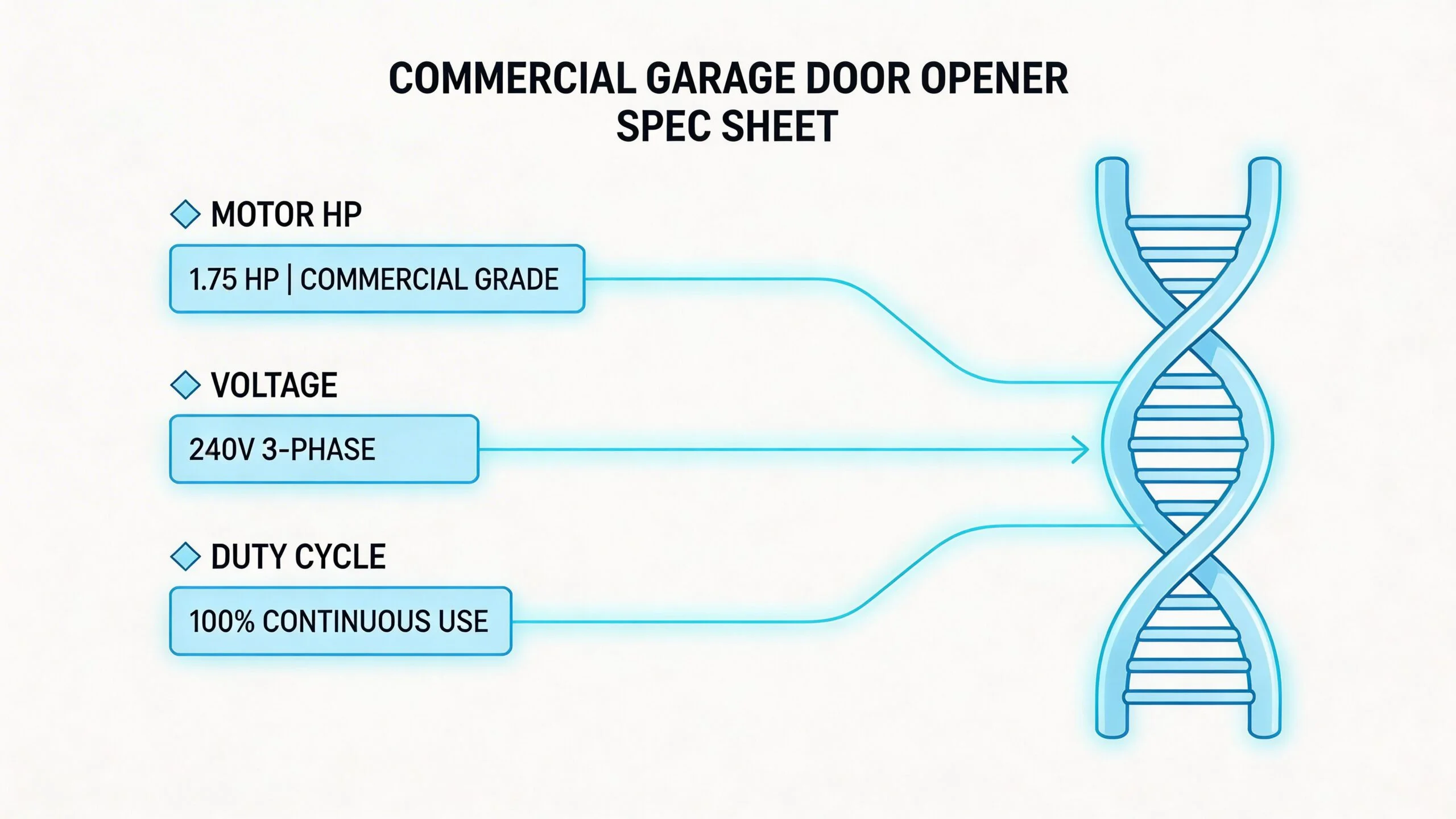 A spec sheet infographic for a commercial garage door opener highlighting motor, voltage, and duty cycle specifications.