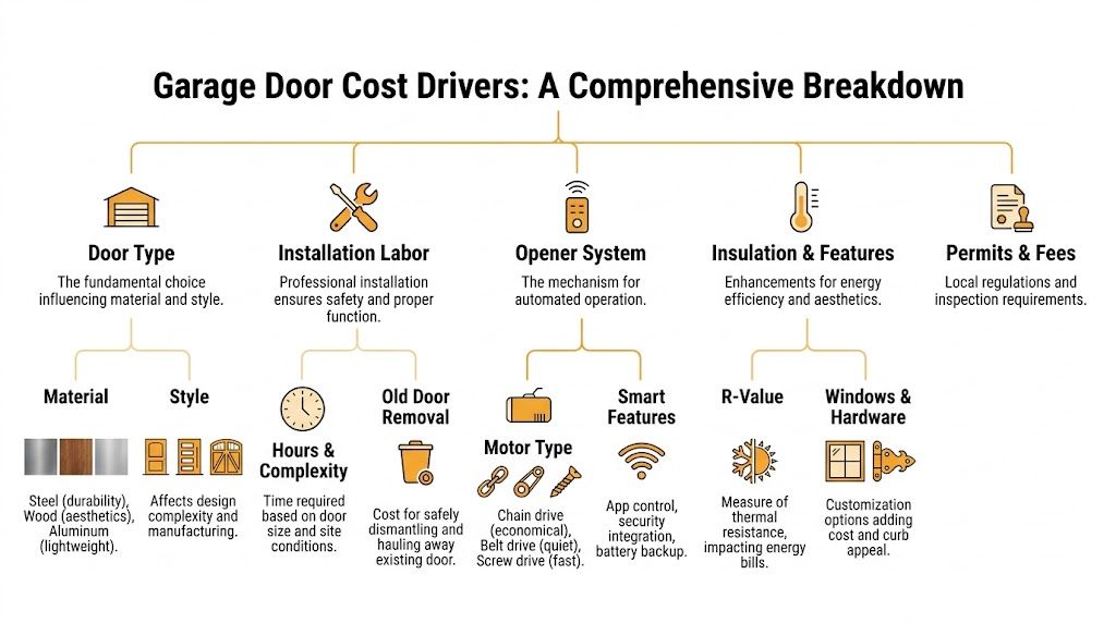 A diagram illustrating the key cost factors involved in purchasing and installing a new garage door.