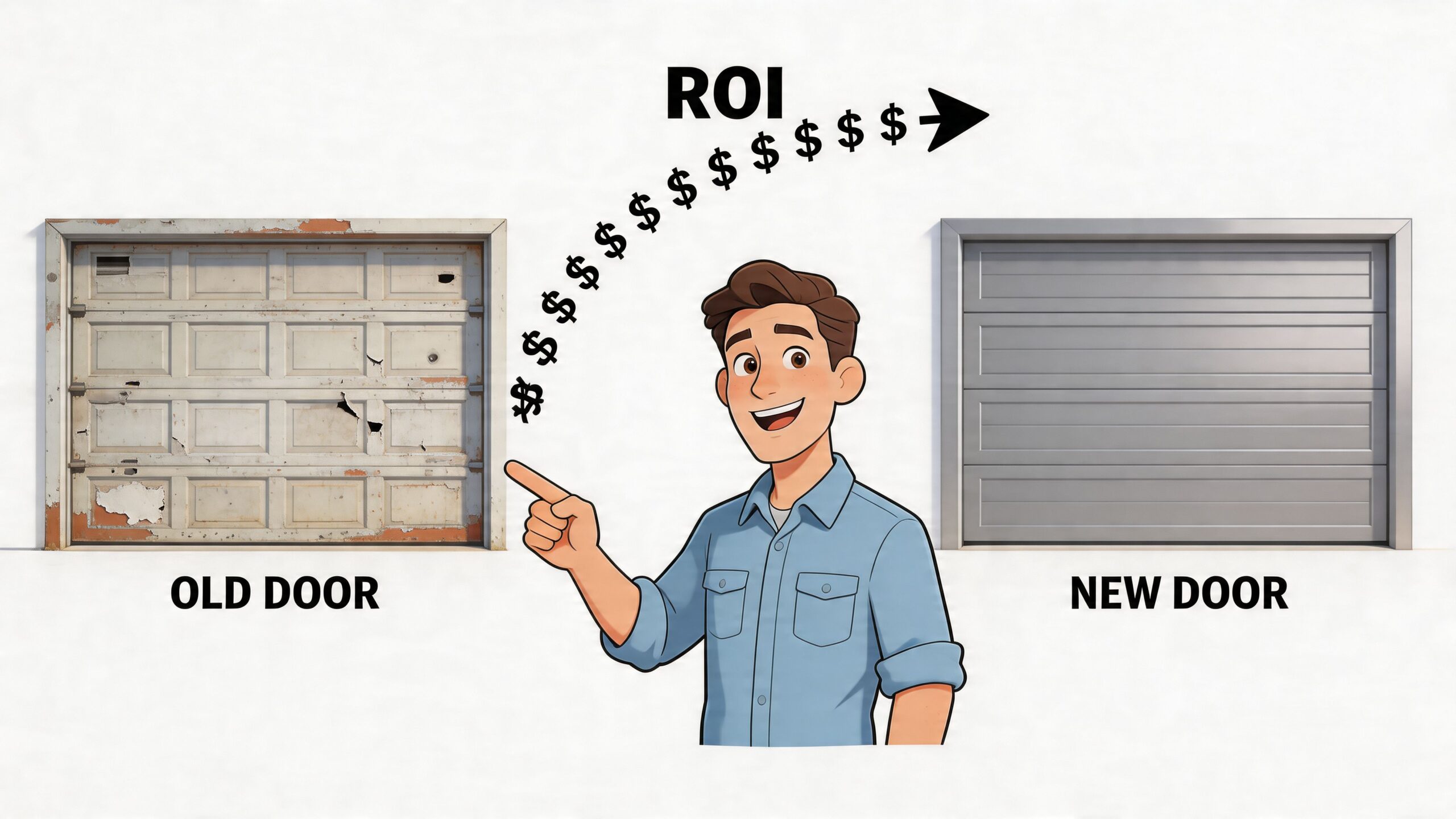 A man points from an old, damaged garage door toward a clean, new metal garage door.