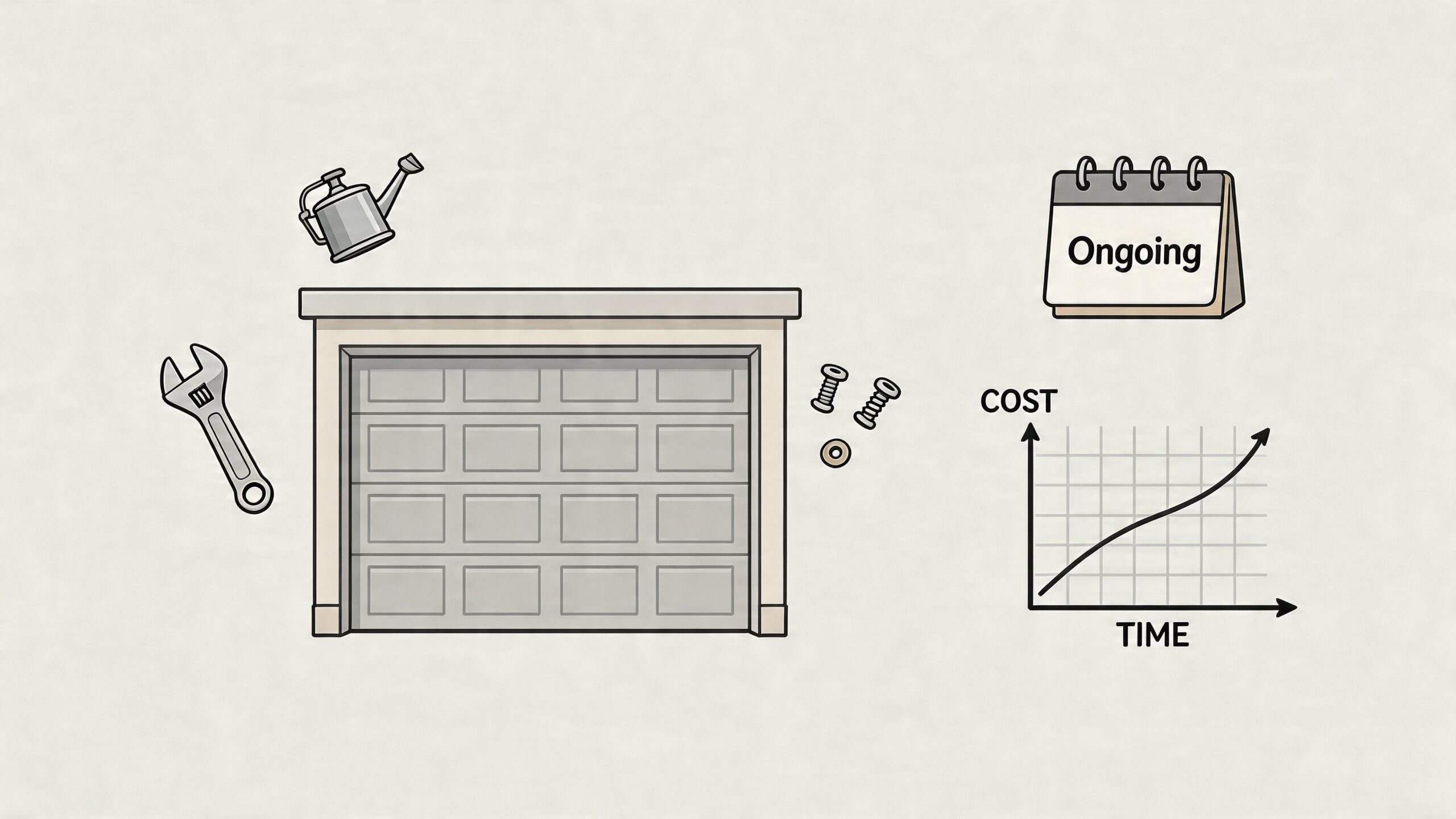 A conceptual illustration showing a garage door with tools, an ongoing calendar, and a rising cost-over-time graph.