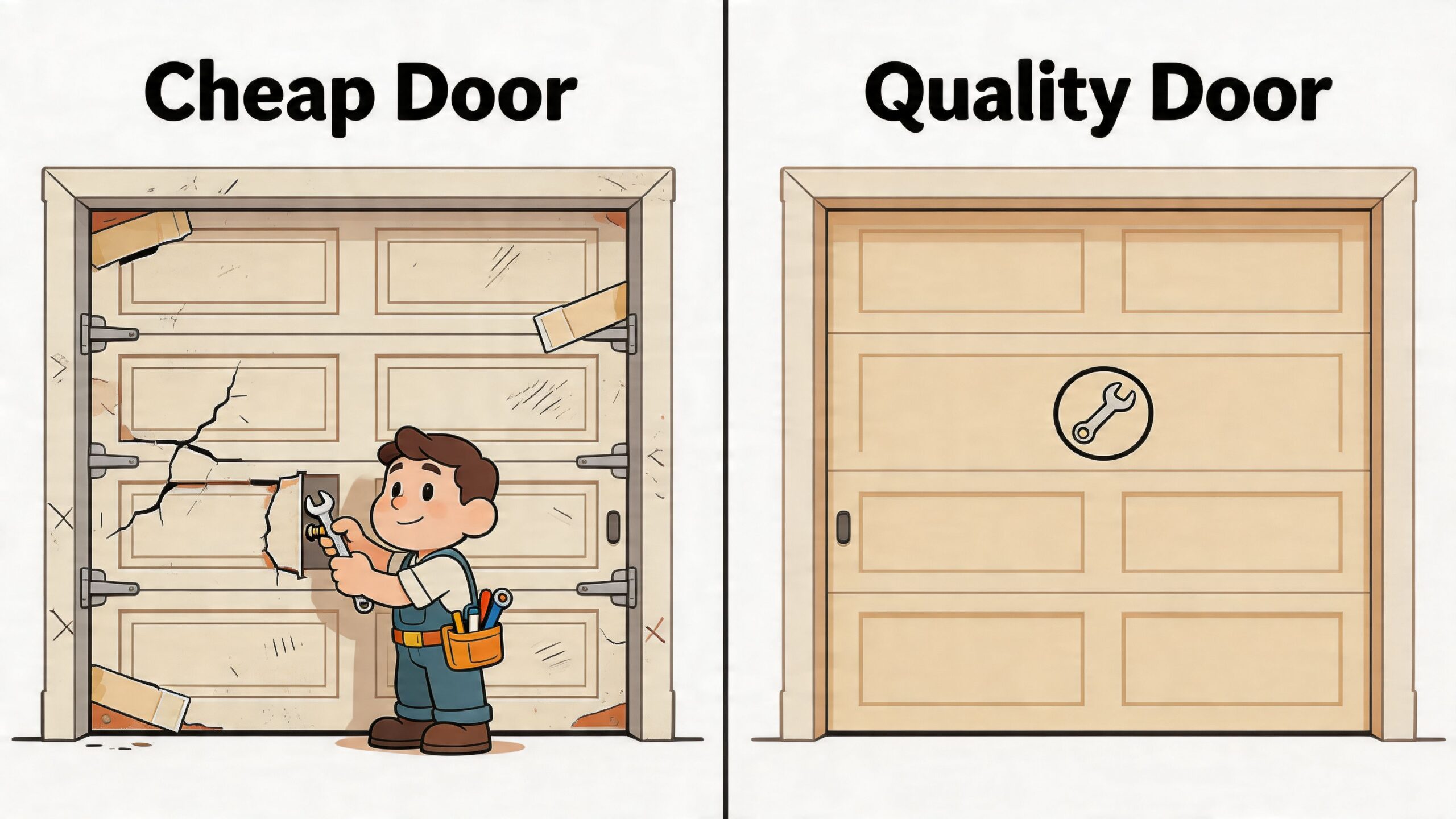 A comparison between a damaged, cheap garage door and a sturdy, high-quality garage door.