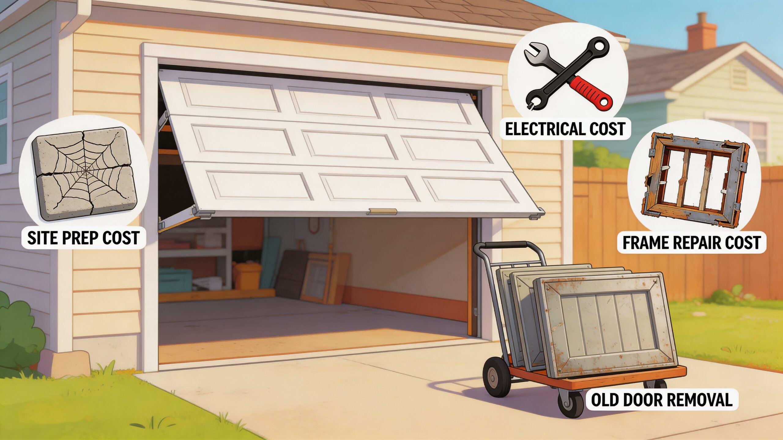 An illustration showing various factors affecting the cost to install a new residential garage door system.