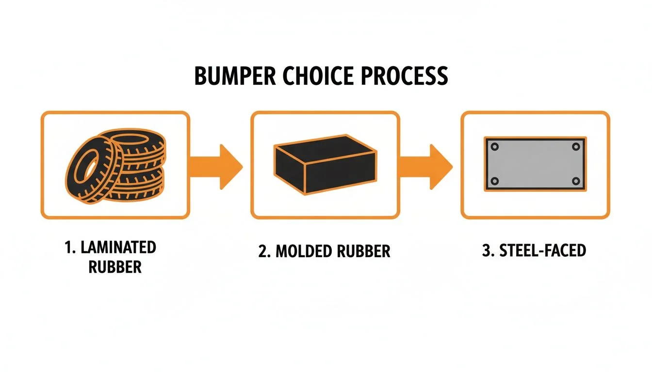 Flowchart illustrating three types of dock bumpers: laminated rubber, molded rubber, and steel-faced options.
